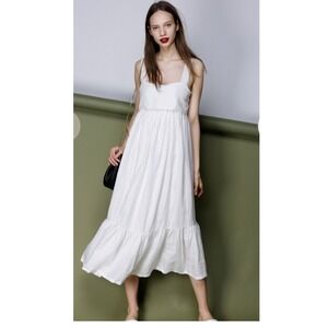 CAARA Forget Me Not 100% Linen Open Back Bow Tiered Maxi Dress Womens Medium NEW